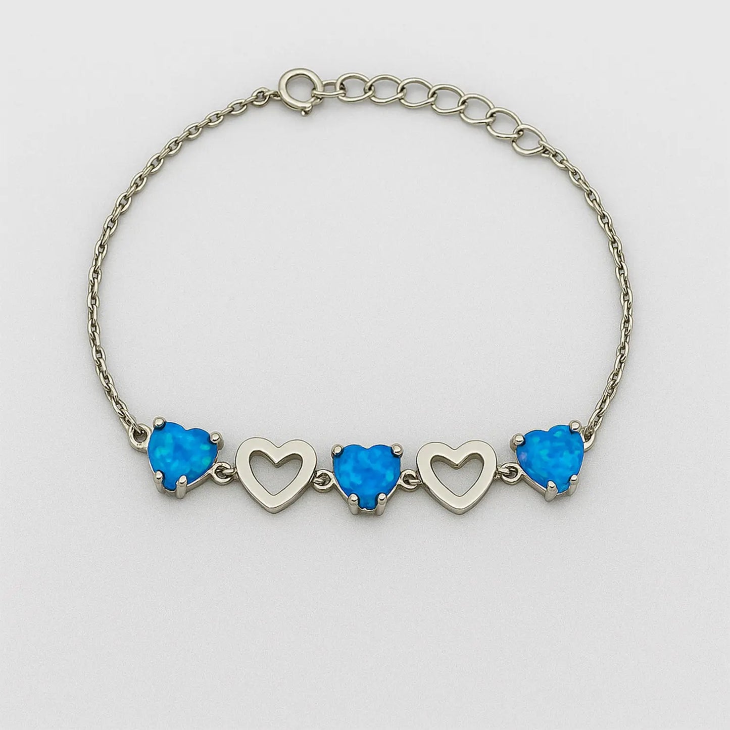 925 sterling silver heart bracelet with blue heart-shaped stones, elegant minimalist bracelet for women