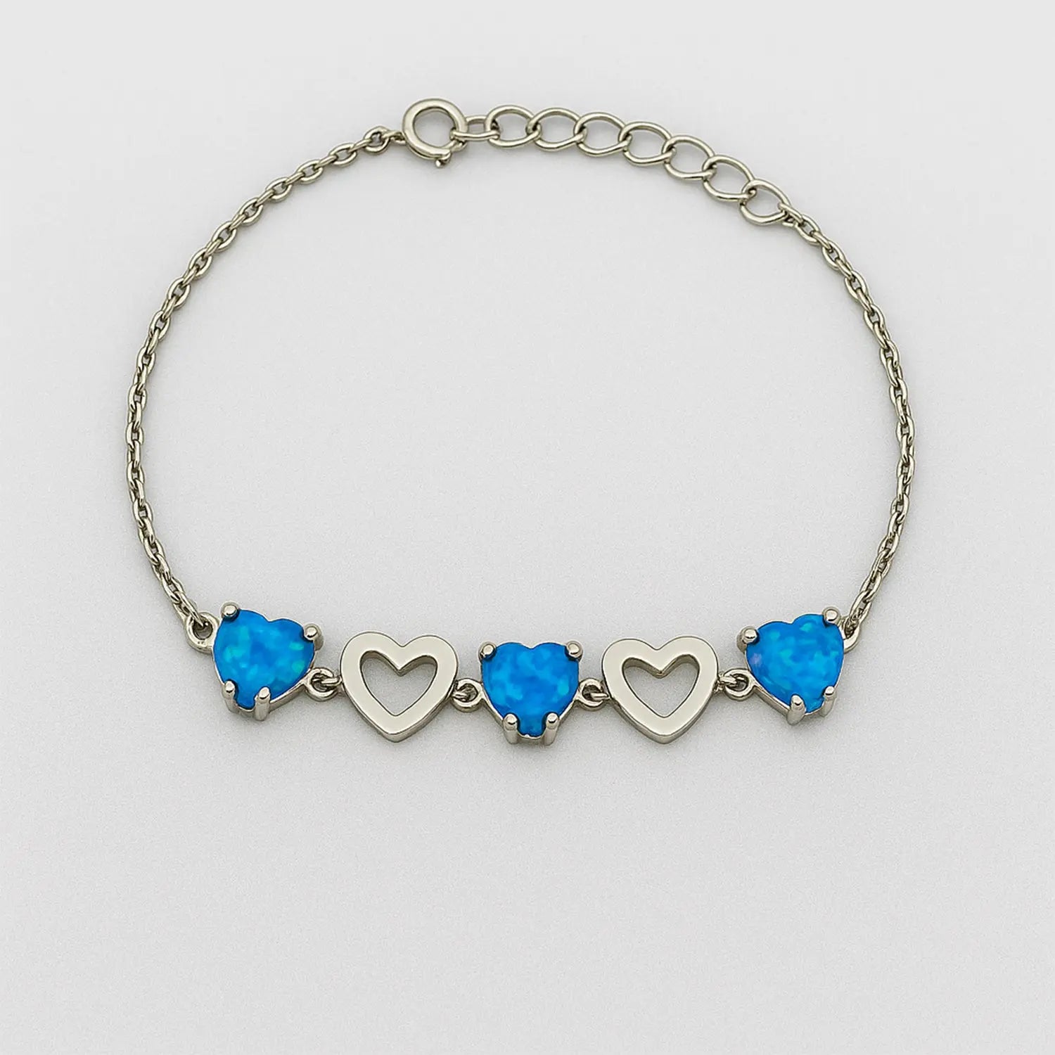 925 sterling silver heart bracelet with blue heart-shaped stones, elegant minimalist bracelet for women