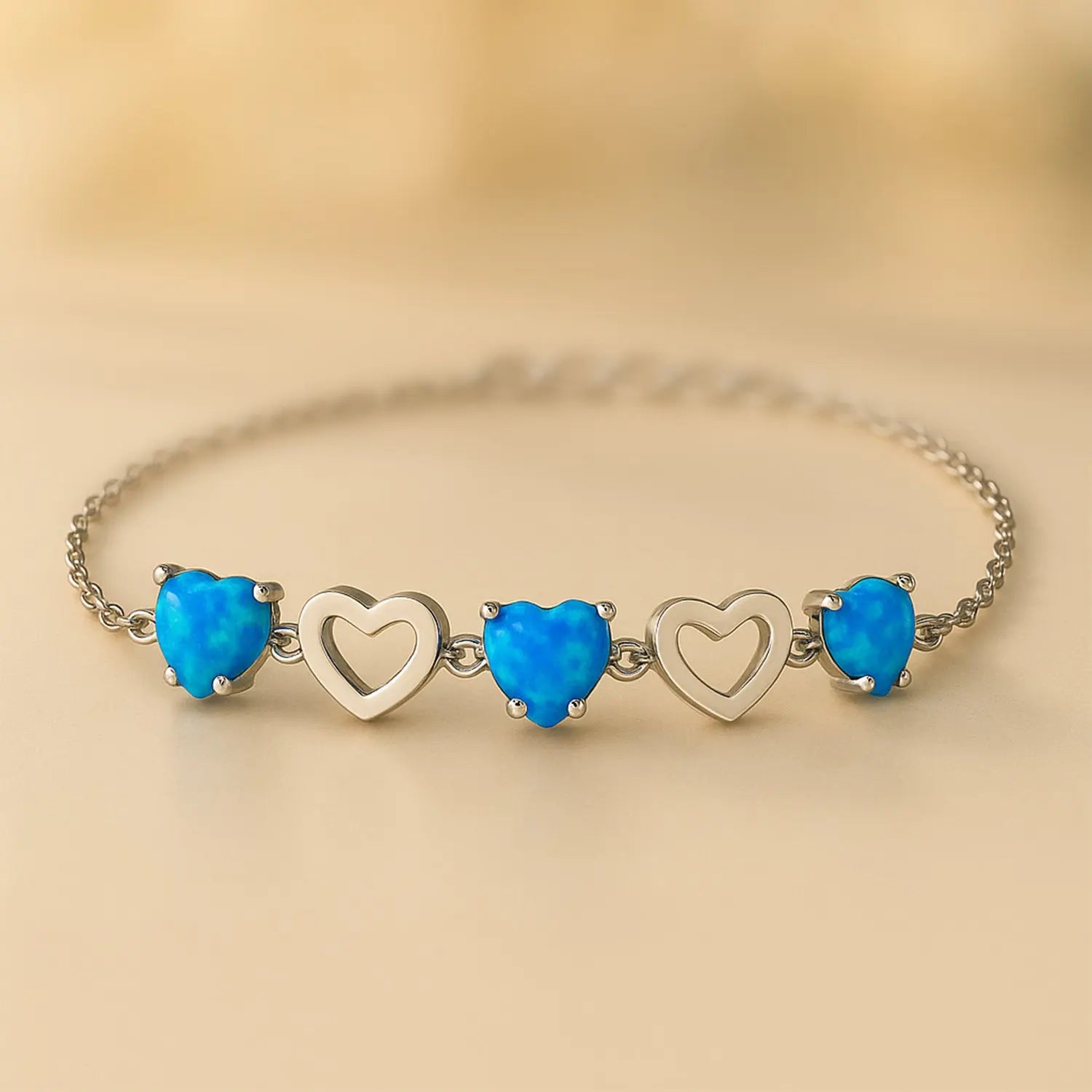925 sterling silver heart bracelet with blue heart-shaped stones, elegant minimalist bracelet for women