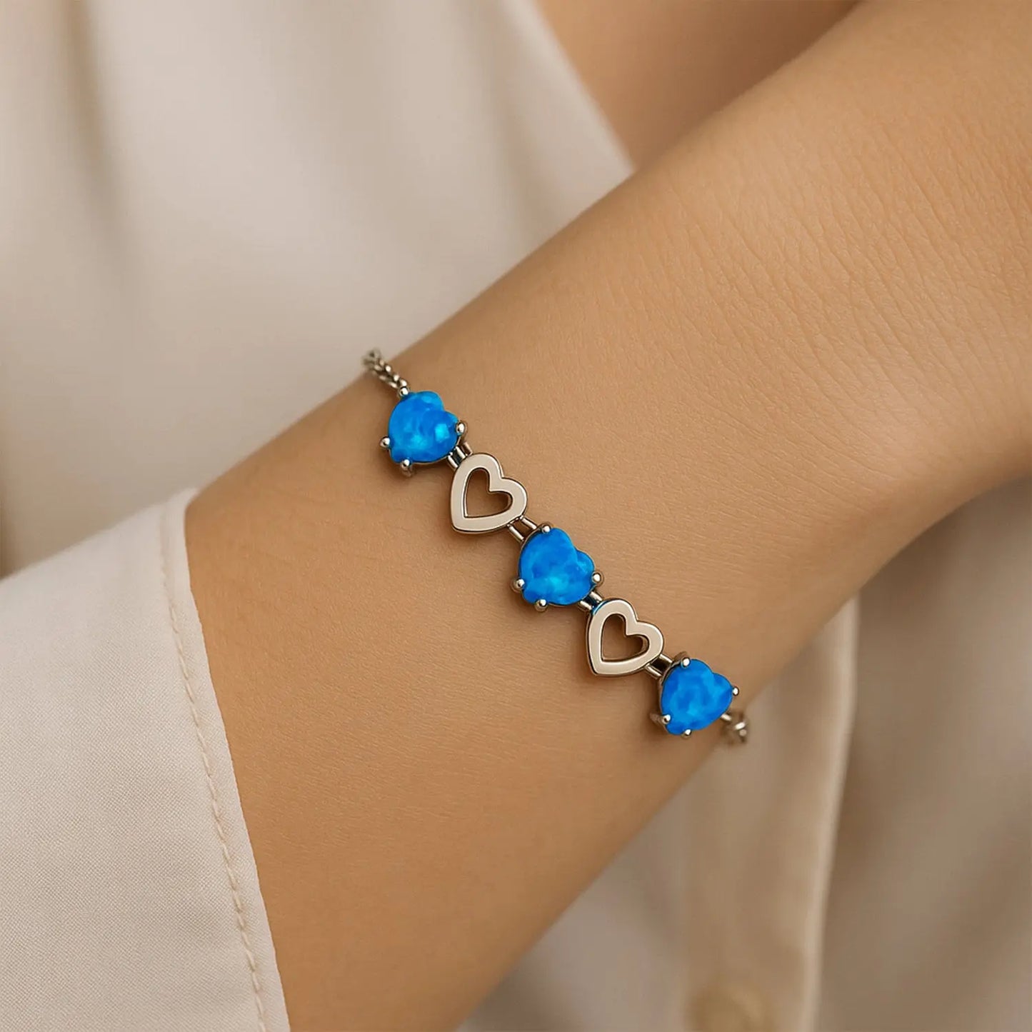 925 sterling silver heart bracelet with blue heart-shaped stones, elegant minimalist bracelet for women